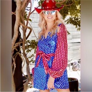 QUEEN OF SPARKLES Red and Blue Star Mini Dress